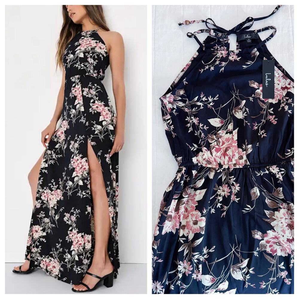 Lulus Navy Floral Maxi‎ Dress XS Halter Neck Feel the Music NWT $88 MSRP. Beach.